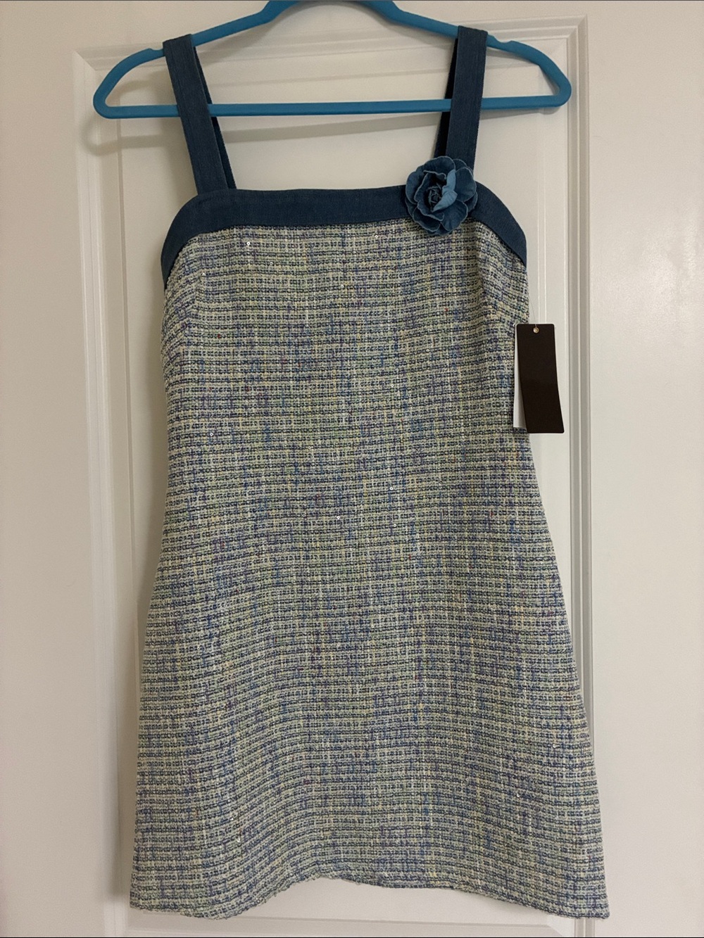 Blue Tweed A-Line Dress with Floral Accent
